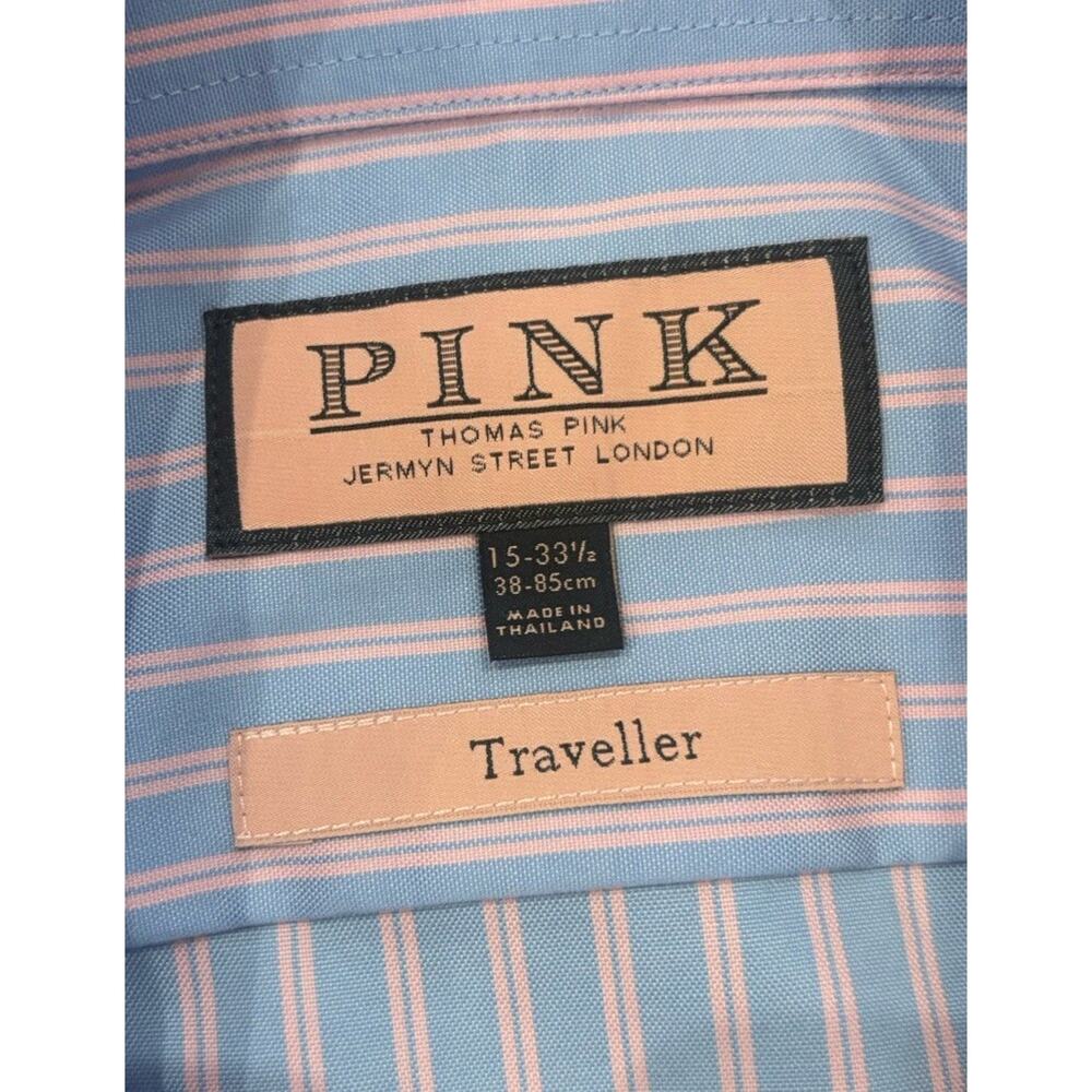 Thomas Pink Dress Shirt Mens 15 - 33.5 Blue Striped Slim Fit Traveller Button Up - Picture 2 of 4